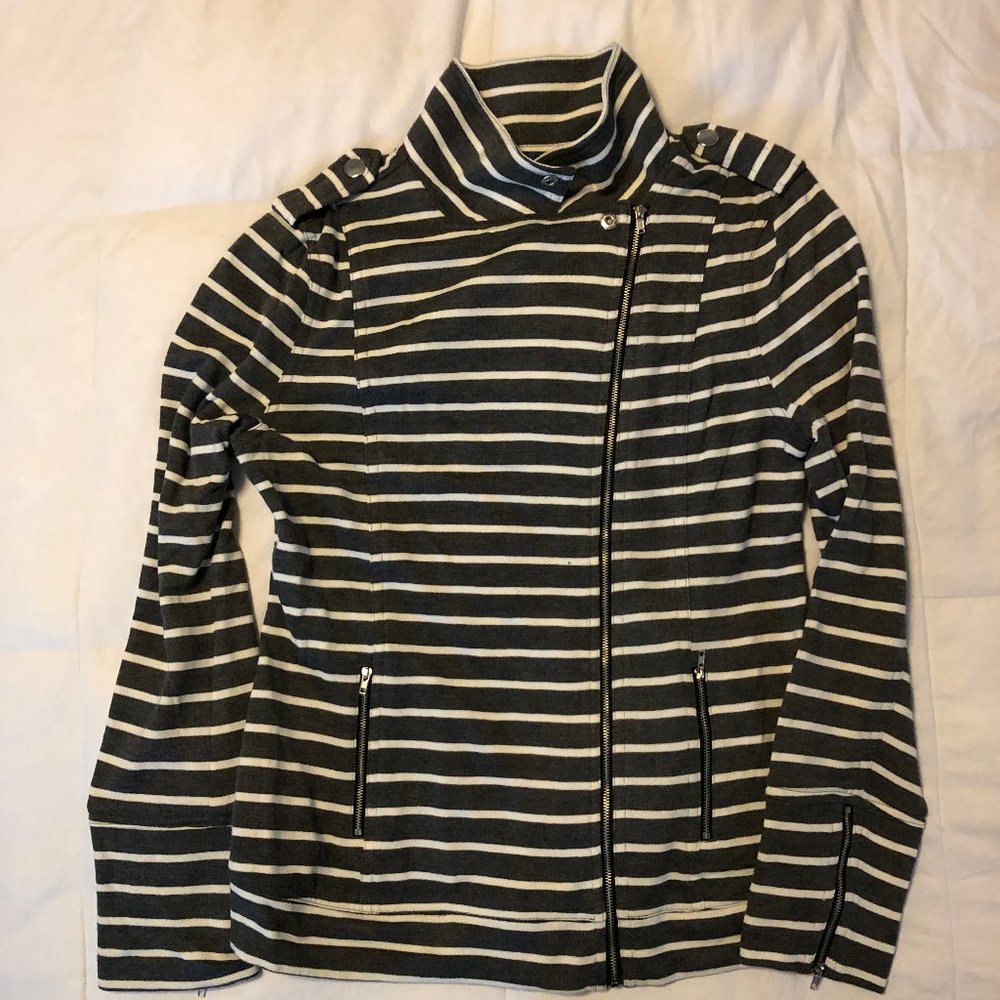 Grey & White Striped Terry Moto Jacket, Large